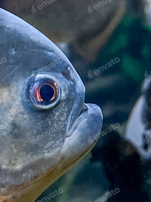 Preview: The face of the piranha in the aquarium is close to the camera