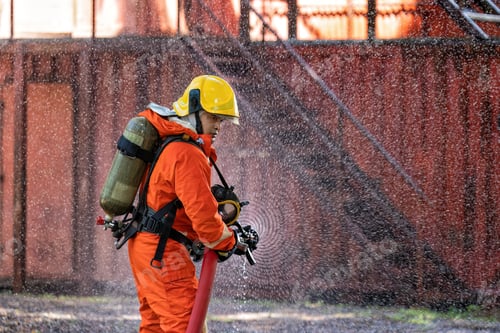Preview: Fireman wearing fire protection suite and oxygen tank exercise hold hose spray water near fire truck