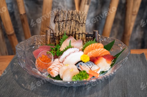 Preview: Various japanese fresh sashimi fish and seafood set