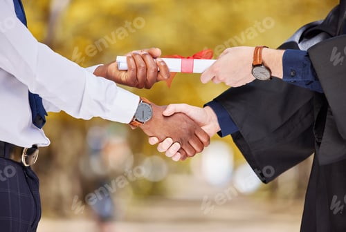 Preview: Graduation certificate, handshake and student in success, achievement and congratulations or thank
