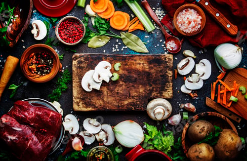 Preview: organic vegetables, ingredients, spices and meat for soup or broth