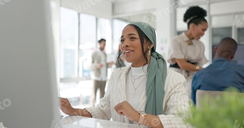Preview: Creative, black woman and planning on computer for idea, vision and checking in office. Goal, busin