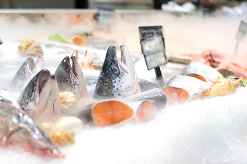 Preview: Refrigerated showcase with salmon in the store. Chilled red fish is sold in the supermarket.
