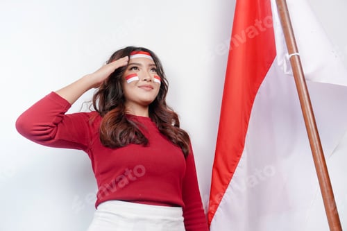 Preview: Enthusiastic Woman Saluting with Flag on White Background