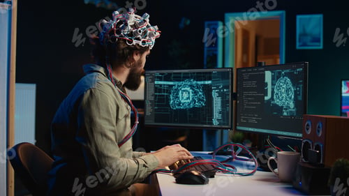 Preview: Computer scientist putting EEG headset on, starting mind upload process