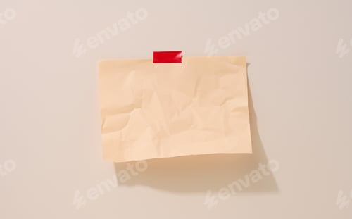 Visualização: Folha de papel bege amassada retangular em branco colada sobre um fundo bege claro.