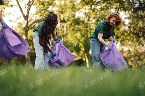 Preview: Volunteers collecting garbage in park on sunny summer day