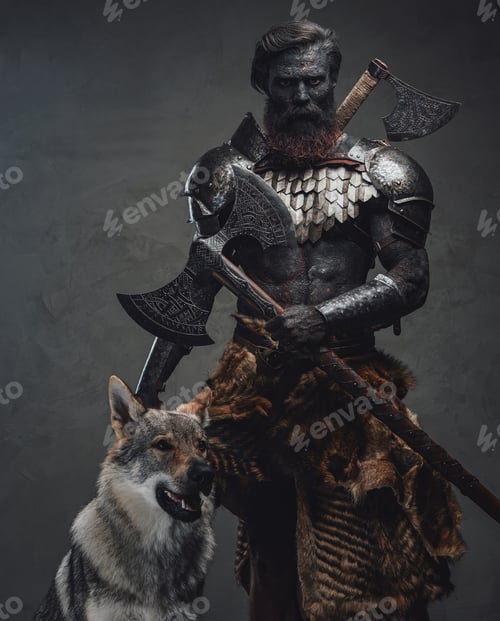 Preview: Mythical soldier with a wolf standing in dark background holding an axe