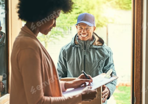 Preview: All I require is a signature please. Shot of a woman signing for her delivery from the courier.
