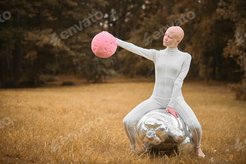 Preview: Young hairless girl with alopecia in white cloth sits on tardigrade figure in fall park