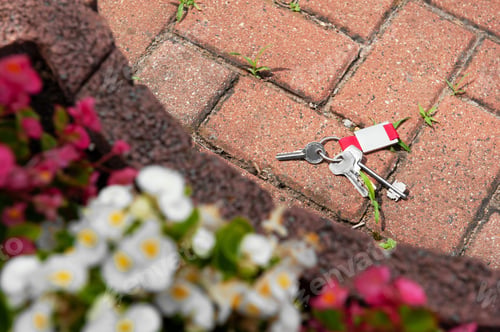 Preview: Keys on pavement outdoors, space for text. Lost and found