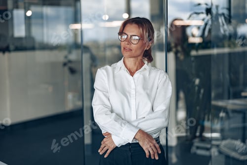 Preview: Focused business woman wearing eyeaglasses looks away during the working day at modern office