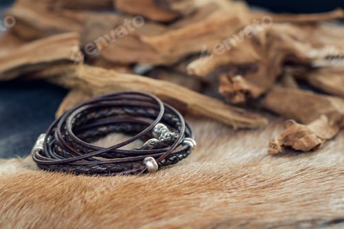 Preview: Close-up of a leather fashion bracelet for men