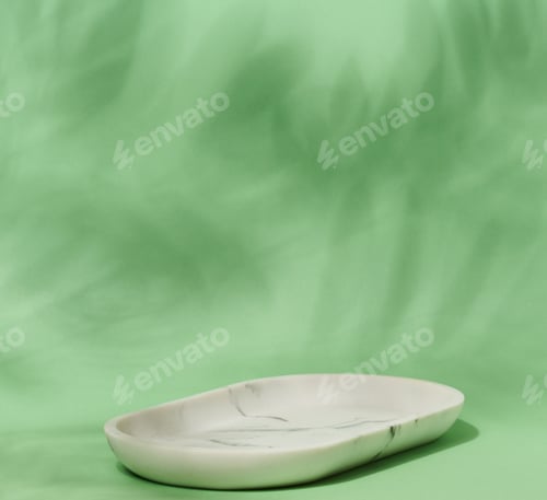 Preview: An empty, oval shaped soap dish made of white marble with gray veining