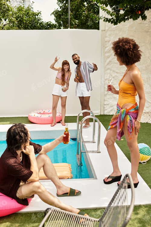 Preview: Young friends enjoying a vibrant pool party filled with laughter and joy on a sunny day