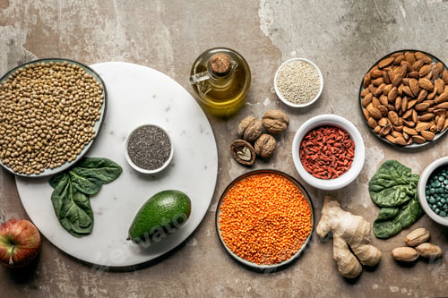 Preview: top view of superfoods, legumes and healthy ingredients on rustic background