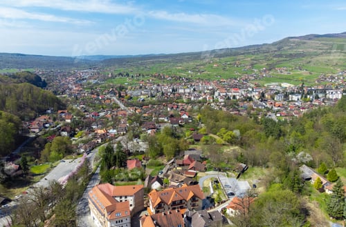 Preview: Aerial view of Sovata resort surrounded by buildings and trees in Romania