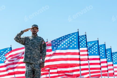 Preview: man in military uniform giving salute near american flags with stars and stripes