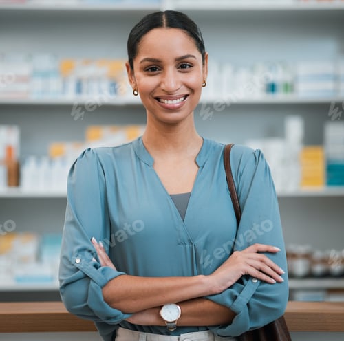 Preview: Woman, portrait and pharmacy, arms crossed and patient in store for pharmaceutical drugs with presc