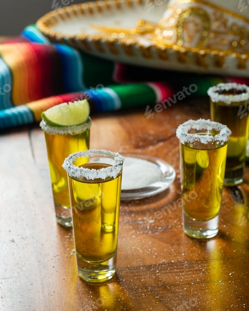 Preview: Shots of tequila with salt and lemon on a wooden table.