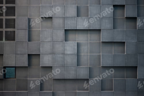 Preview: full frame view of modern geometric grey architecture at Barcode district, Oslo