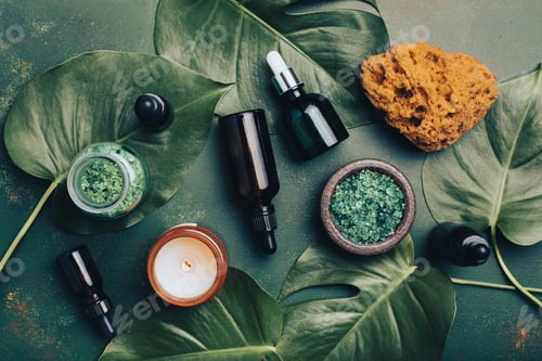 Preview: zero waste eco friendly hygiene bathroom concept. reusable cosmetic essential oils droppers, candle,