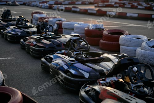 Preview: A vibrant go-karting track featuring parked karts lined up along a red and white tire barrier