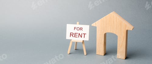 Preview: Wooden house and a poster with the inscription for rent