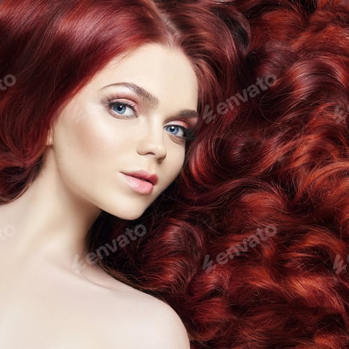 Preview: Sexy nude beautiful redhead girl with long hair. Perfect woman portrait on light background