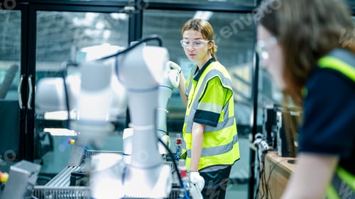 Preview: Two female engineers represent the future of work, using AI and robotics to optimize production