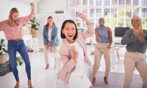 Preview: Celebration dance, diversity women and team celebrate startup small business growth, success or ach