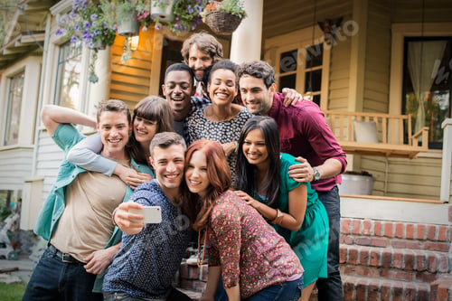 Preview: A group of friends posing on the steps of a house porch, taking a group selfy.