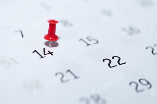 Preview: Red pin fixed on the 14th day of a month on a calendar
