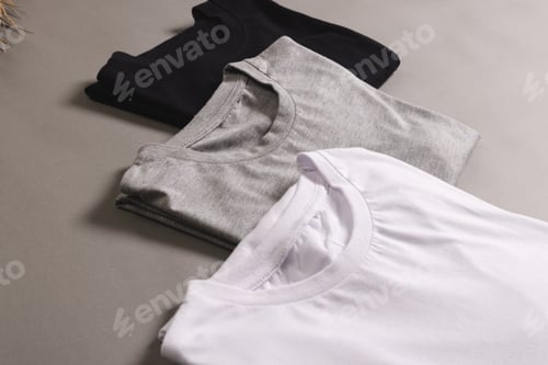 Preview: Three t shirts with copy space on grey floor background