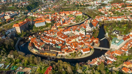 Preview: Panoramic view from above of amazing touristic old town Cesky Krumlov and river Vltava, Czech