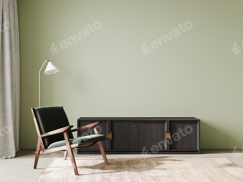Preview: Green minimalist interior living room with green chair, console and floor lamp, 3d rendering