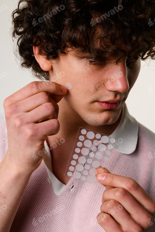 Preview: Facial acne care with pimple patch applied by young man