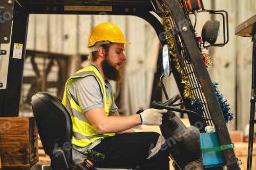 Preview: Forklift loader in storage warehouse ship yard, Distribution products for delivery logistics