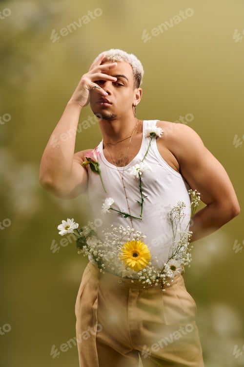 Preview: Young african american man flaunts trendy style with flowers in studio setting