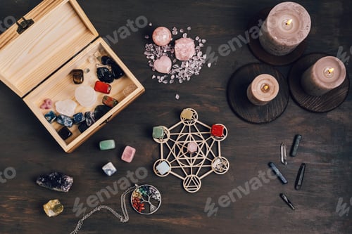 Preview: Healing chakra crystal grid therapy. Rituals with gemstones and aromatherapy for wellness, healing