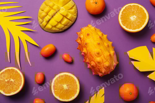 Preview: Tropical fruit and paper leaves on purple background, top view