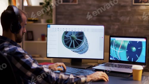 Preview: Side view of engineer wearing headphones and working on a turbine