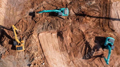 Preview: Aerial view road motor grader flatting dirt road surface, Motor grader road construction grader.