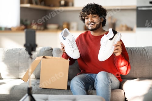 Preview: Fashion Blog. Young Indian Male Influencer Recording Video Content At Home