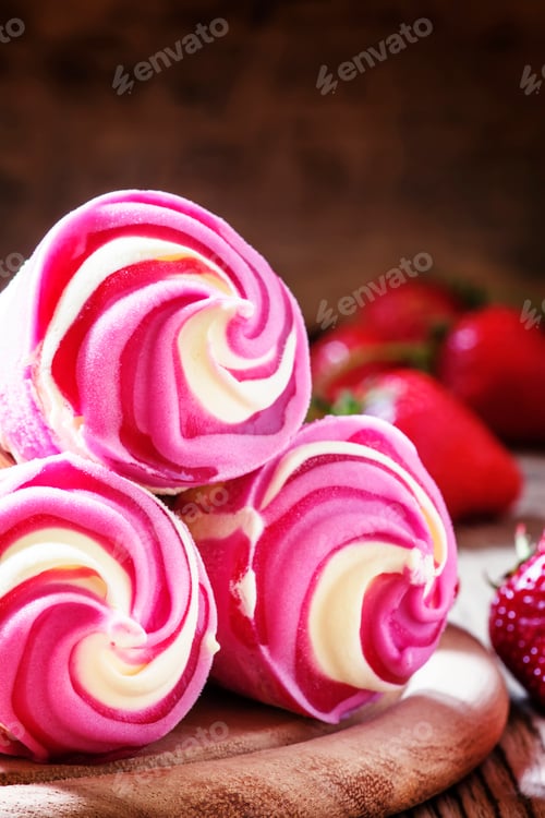 Preview: Strawberry and vanilla ice cream in a waffle cone