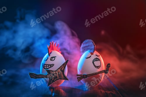 Preview: Creative photo. Egg rockers with guitar and microphone. Creative Easter Card