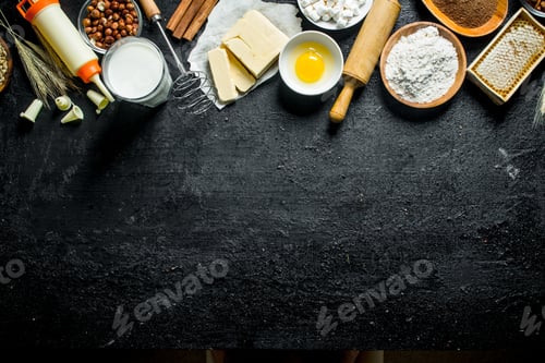 Preview: Baking background. Flour with egg, butter, honey and milk.