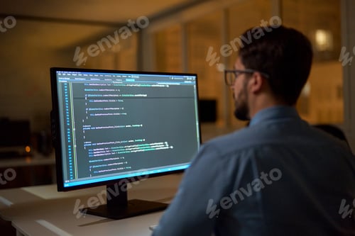 Preview: Busy business man software developer working on pc computer in office at night.