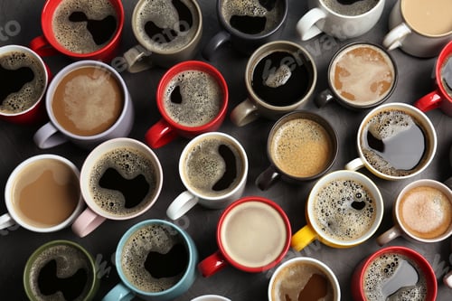 Preview: Many cups with tasty aromatic coffee on table, flat lay