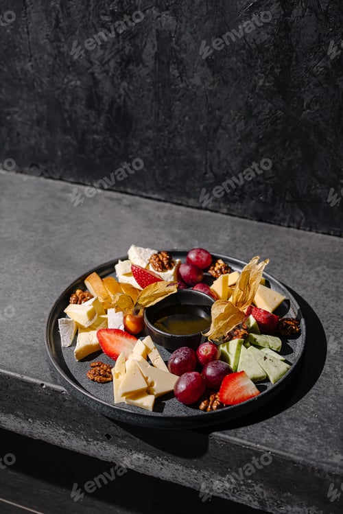 Preview: Cheese and fruit platter served on a stylish black plate for a gourmet experience